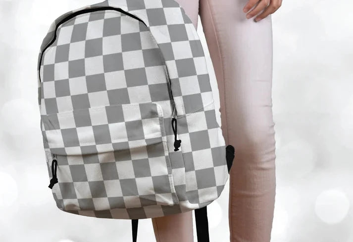Grey White Checkered Allover Printed Backpack