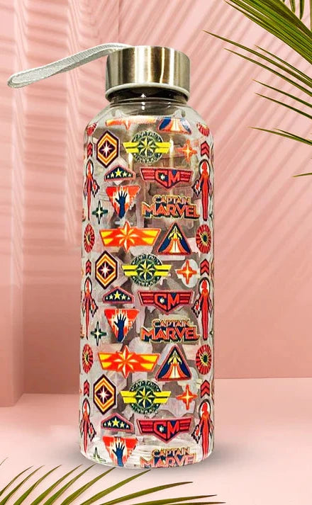 Captain Marvel Printed Glass Water Bottle