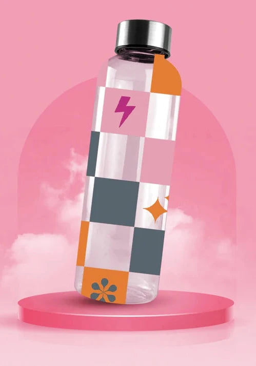 Checkered Printed Glass Water Bottle