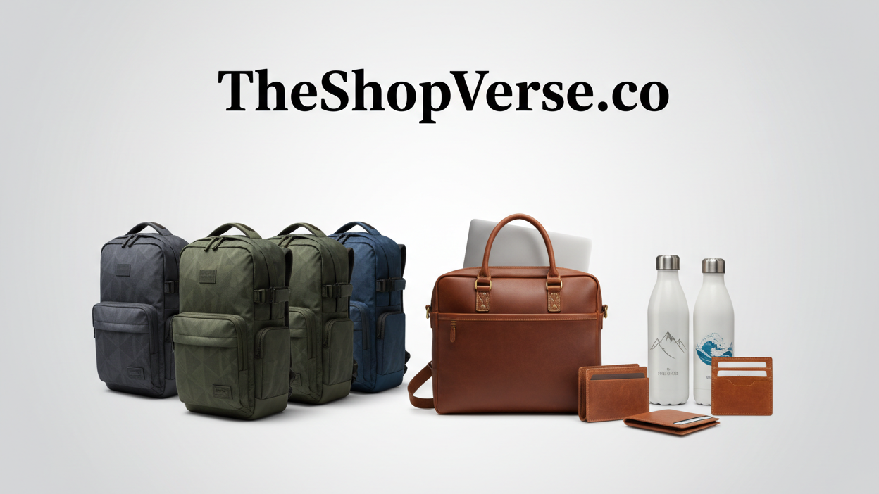 I want you to generate a image to use as shopify header cover use the same measurements, add site name "Theshopverse.co" use images of customize bagpack, bottles, and leather products like leather laptop bags, wallets, cow leather card holder, etc. make it look official picture for TheShopVerse.co